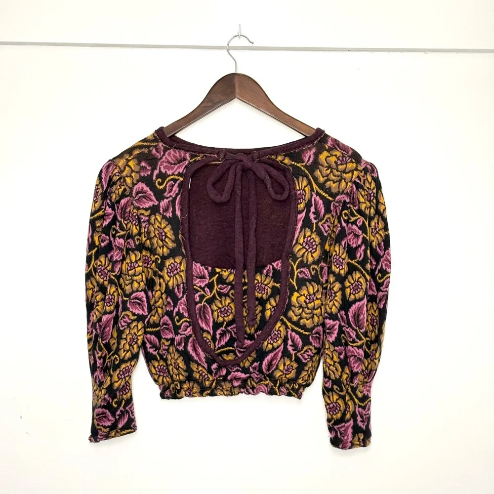 Free People Boho Tapestry Floral Puff Sleeve 100% Cotton Purple Gold Black Sz Sm - Picture 2 of 5
